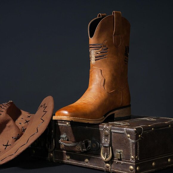 Men\'s Turmeric Toe Western Boots Vegan/genuine Leather With Classic Patriot